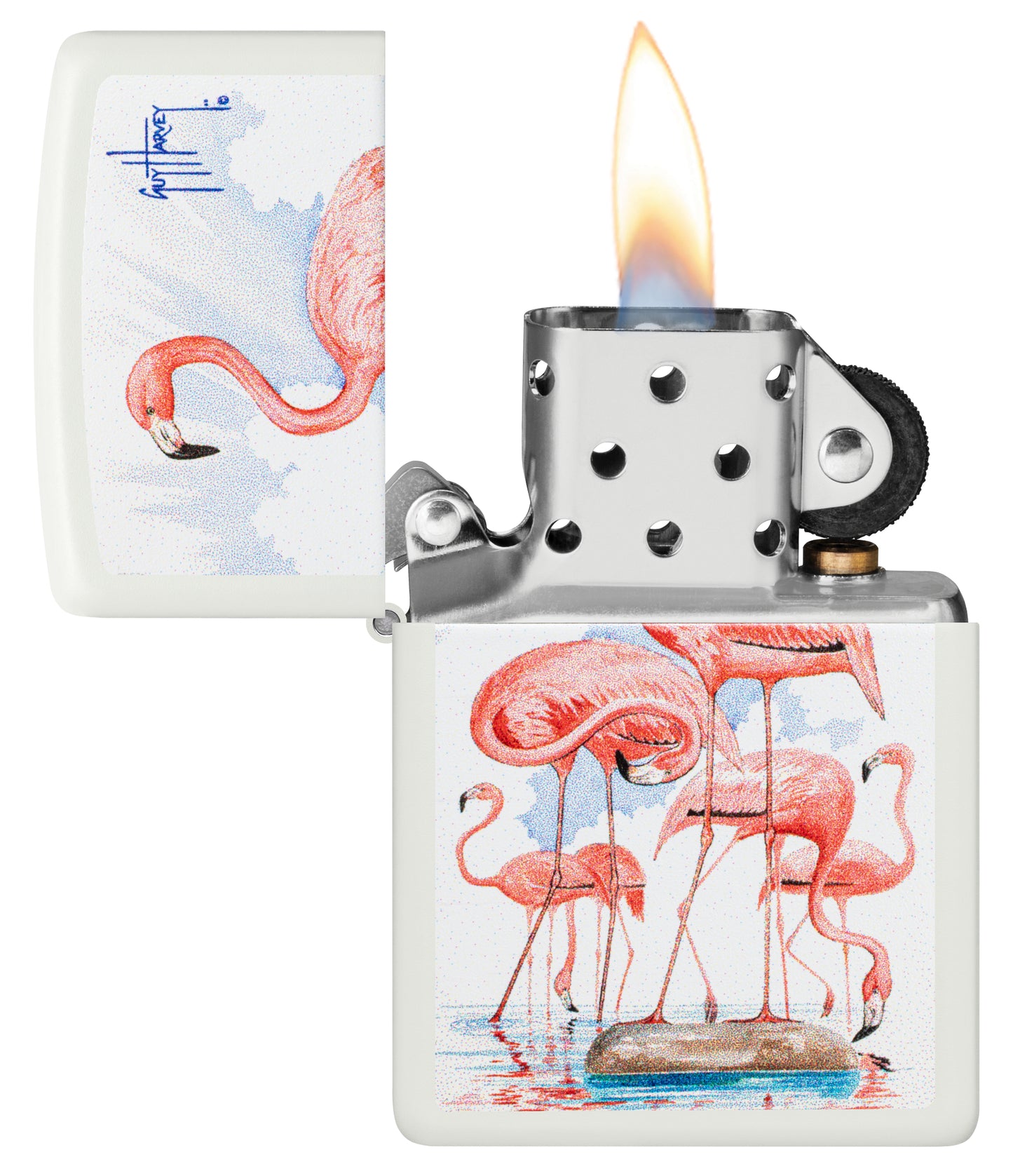 Zippo Guy Harvey Flamingos Design White Matte Windproof Lighter with its lid open and lit.