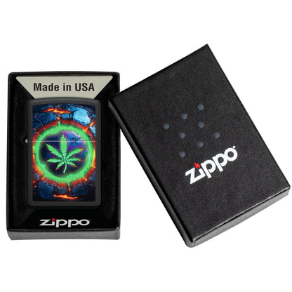 Zippo Lava Leaf Design Black Matte Windproof Lighter in its packaging.