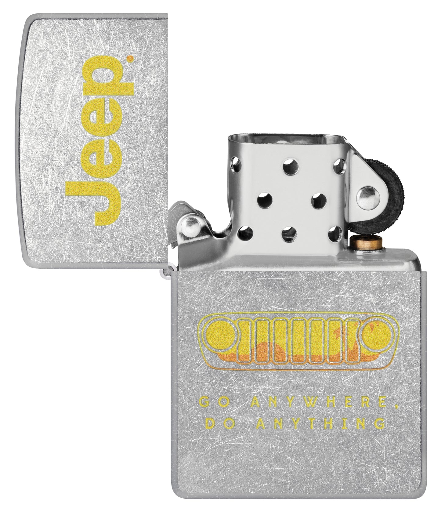 Zippo Jeep® Grille Design Street Chrome Windproof Lighter  with its lid open and unlit.