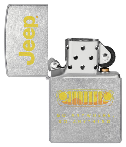 Zippo Jeep® Grille Design Street Chrome Windproof Lighter  with its lid open and unlit.