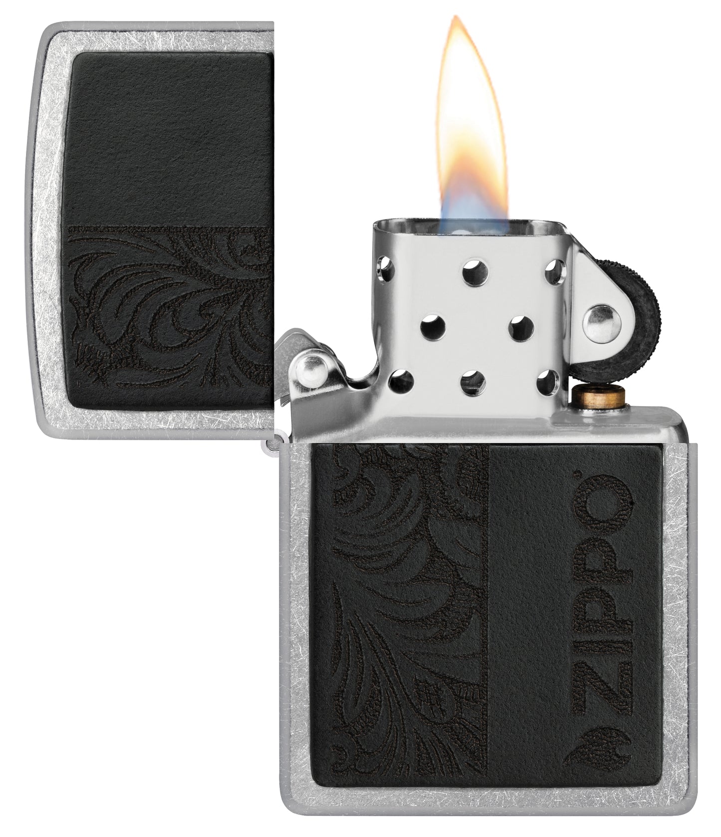 Zippo Black Leather Emblem - Zippo Design Street Chrome Windproof Lighter with its lid open and lit.