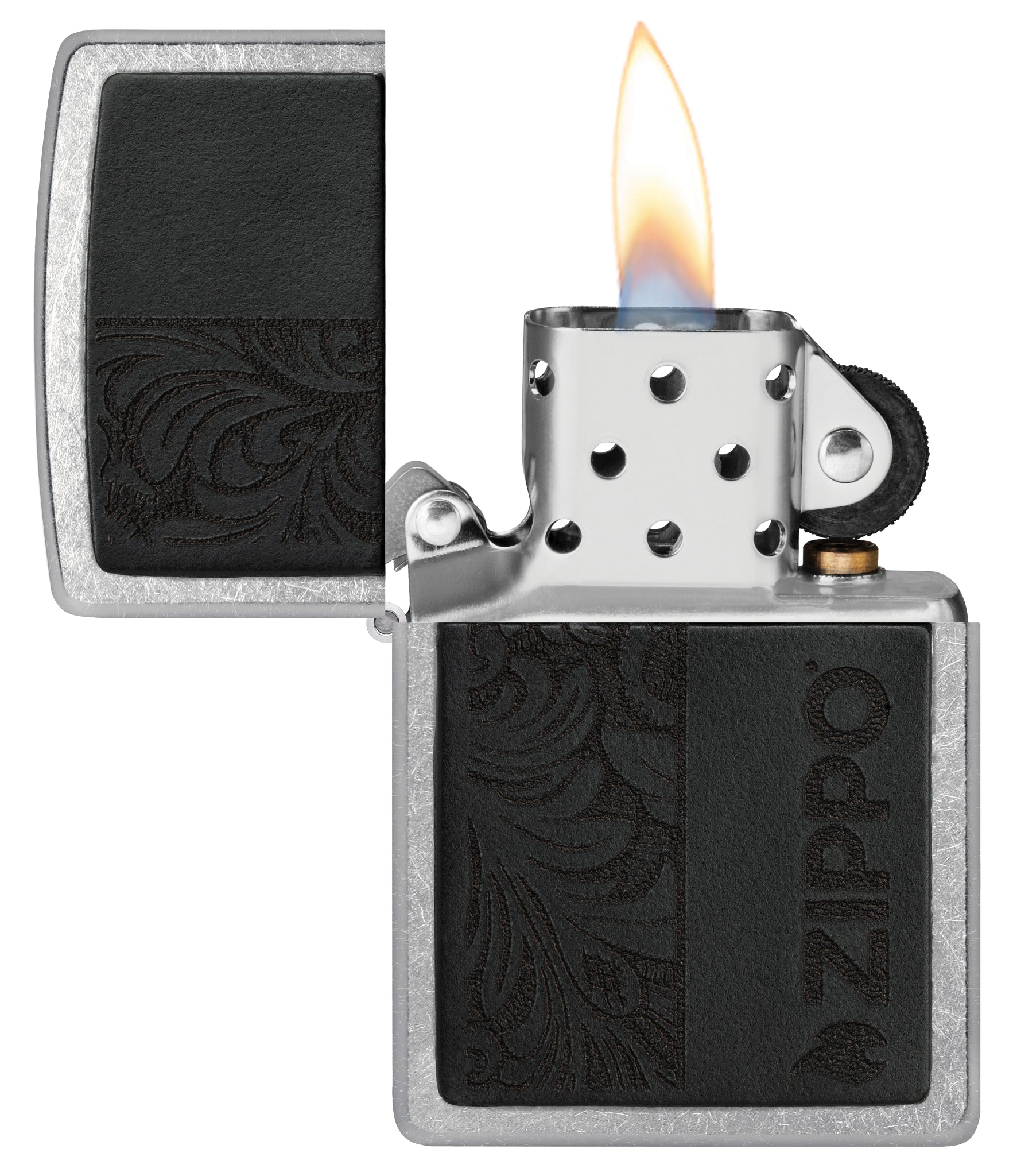 Zippo Black Leather Emblem - Zippo Design Street Chrome Windproof Lighter with its lid open and lit.