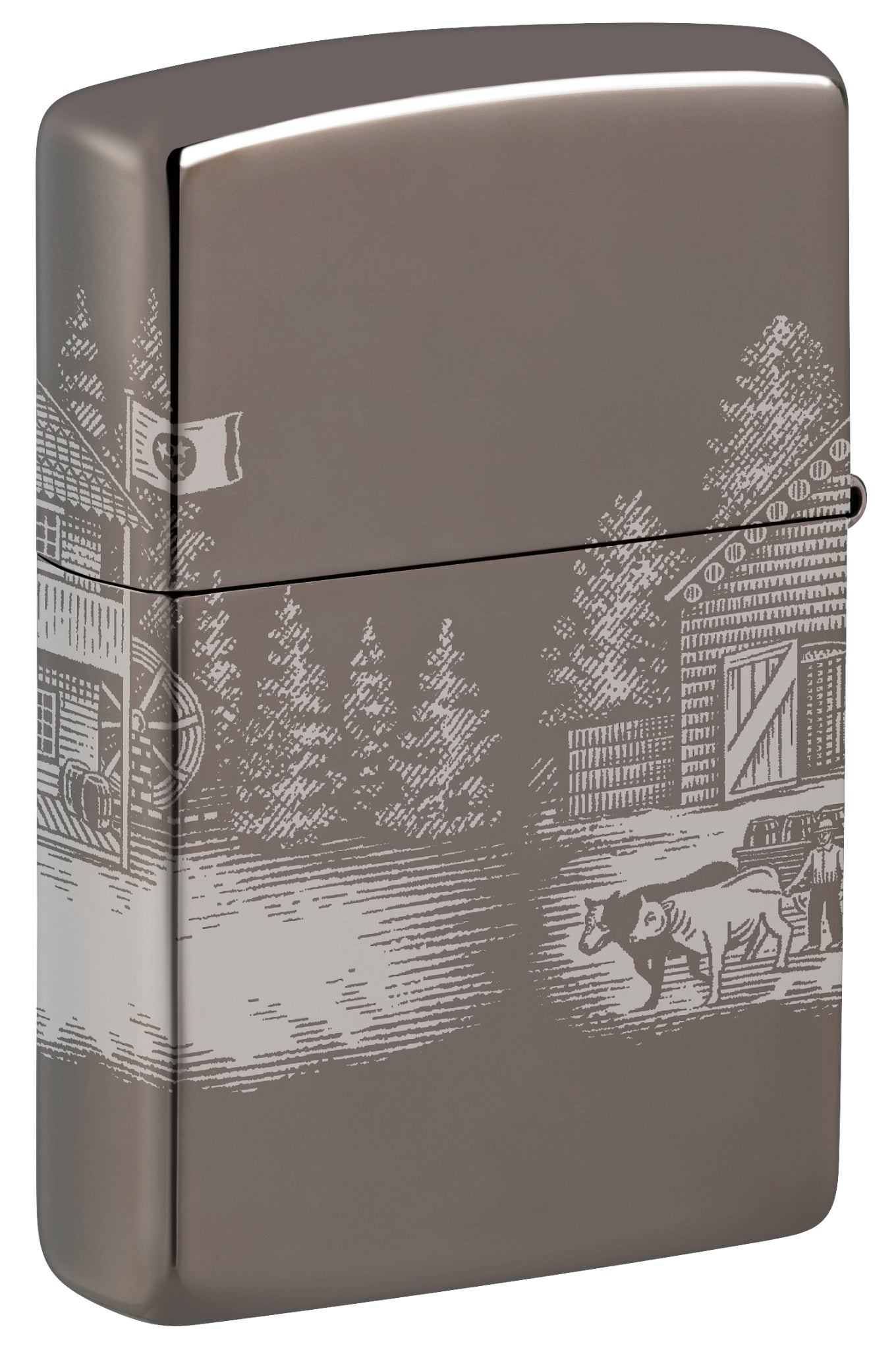 Back view of Zippo Jack Daniel's® Distillery Design Black Ice® Windproof Lighter standing at a 3/4 angle.