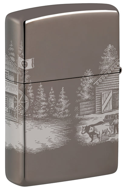 Back view of Zippo Jack Daniel's® Distillery Design Black Ice® Windproof Lighter standing at a 3/4 angle.