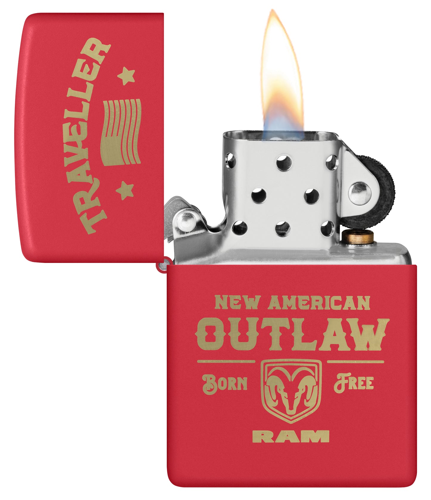 Zippo Ram Traveller Design Red Matte Windproof Lighter with its lid open and lit.