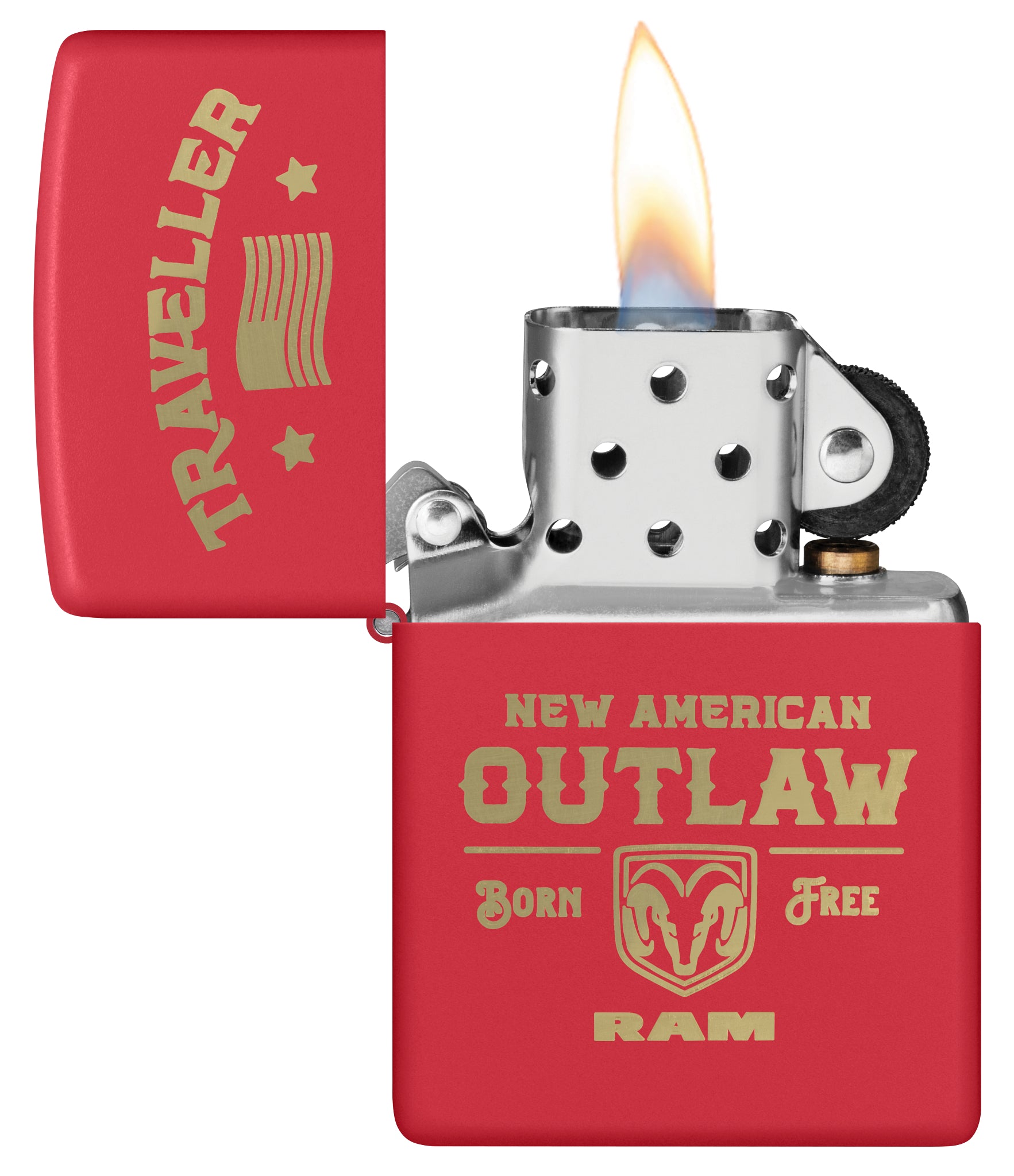 Zippo Ram Traveller Design Red Matte Windproof Lighter with its lid open and lit.