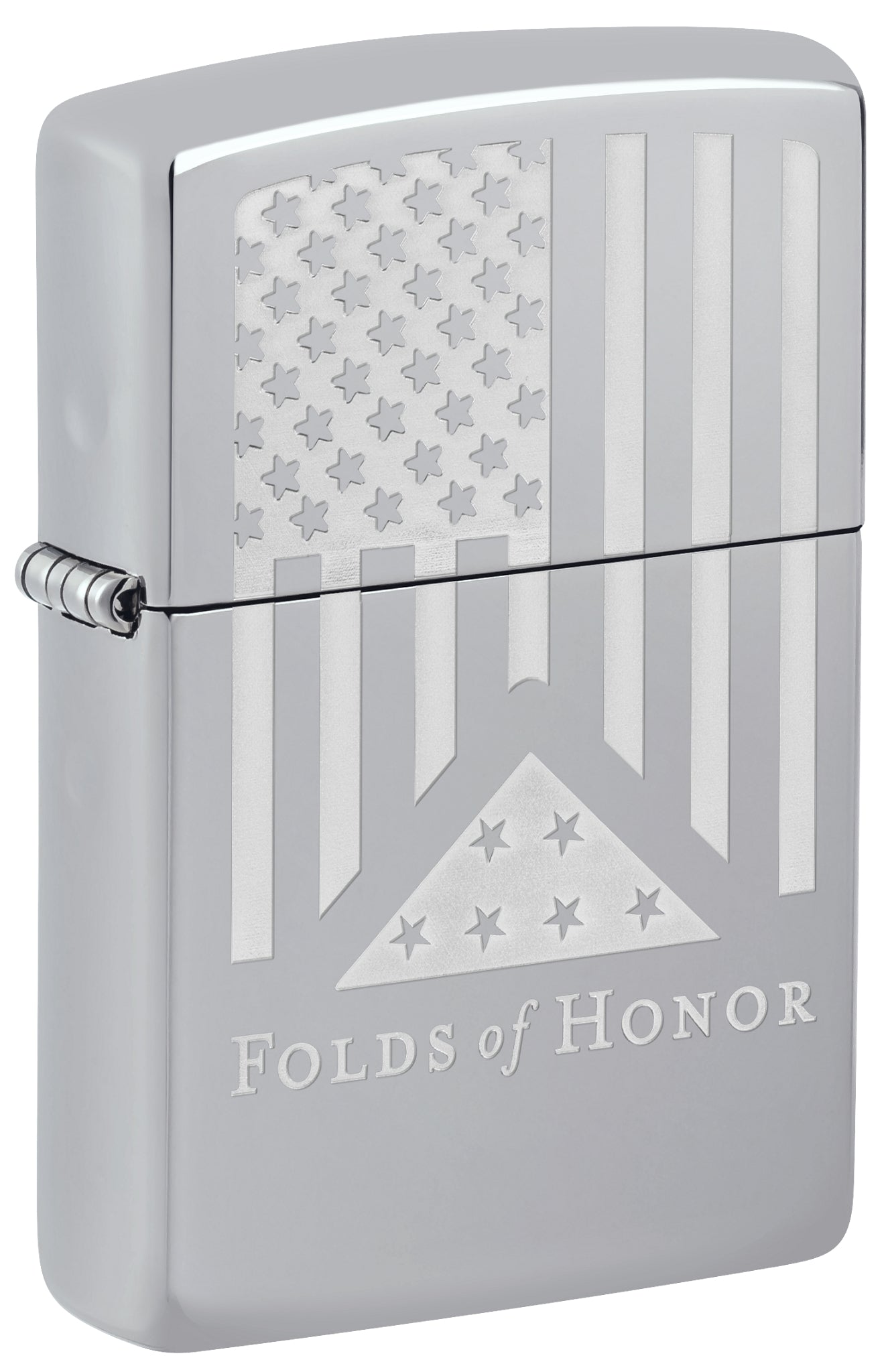Front shot of Zippo Folds of Honor Etched Flag Design High Polish Chrome Windproof Lighter standing at a 3/4 angle.