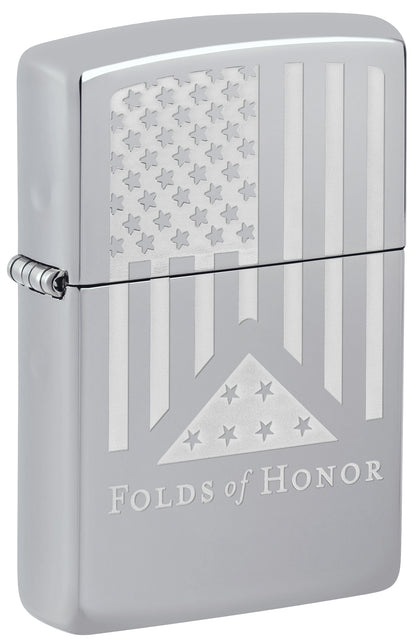 Front shot of Zippo Folds of Honor Etched Flag Design High Polish Chrome Windproof Lighter standing at a 3/4 angle.