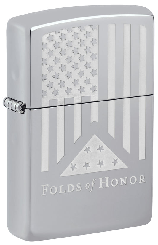 Front shot of Zippo Folds of Honor Etched Flag Design High Polish Chrome Windproof Lighter standing at a 3/4 angle.