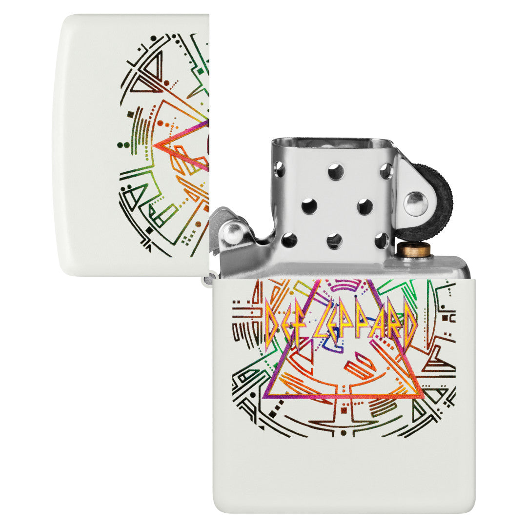 Zippo Def Leppard Glowing Hysteria Design Glow in the Dark Green Windproof Lighter with its lid open and unlit.