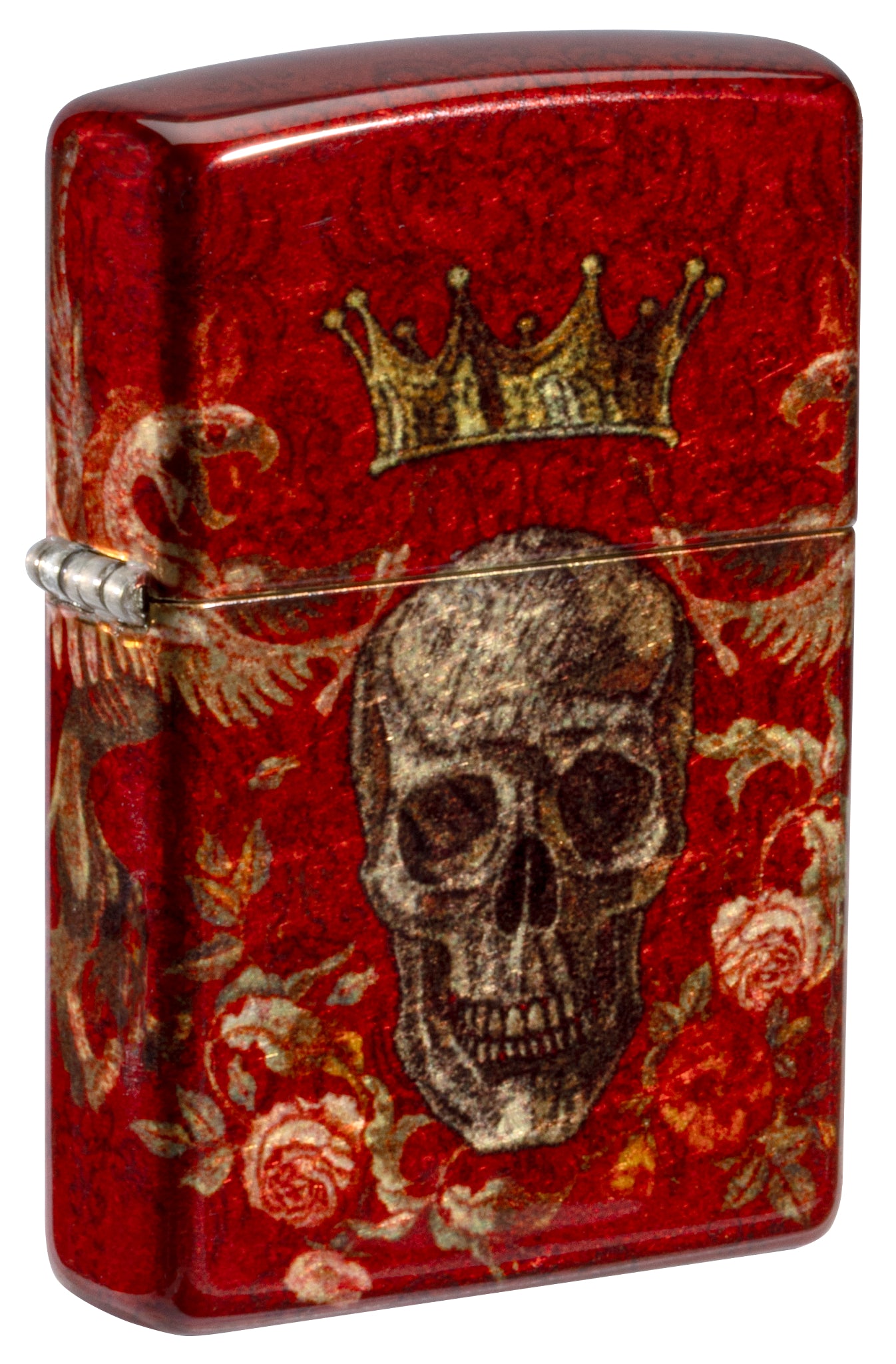 Front shot of Zippo Skull Heraldry Design Tumbled Brass Windproof Lighter standing at a 3/4 angle.