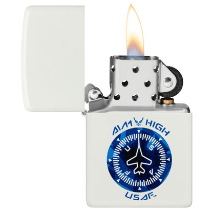 Zippo U.S. Air Force™ Aim High Design White Matte Windproof Lighter with its lid open and lit.
