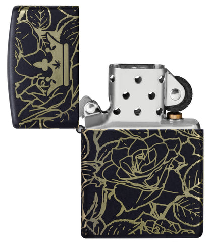 Zippo Queen of Bud 360° Roses Design Black Matte Windproof Lighter with its lid open and unlit.
