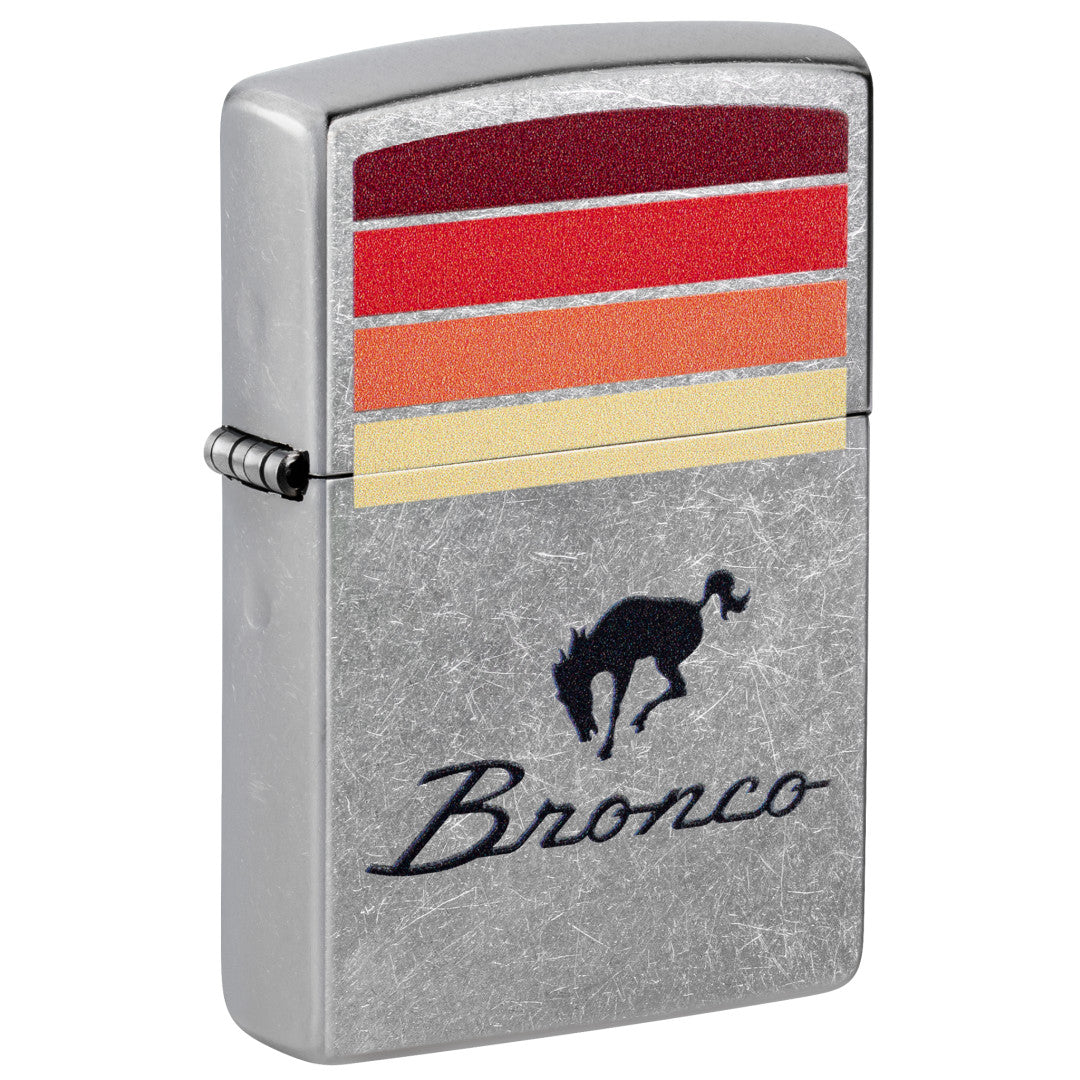 Front shot of Zippo Ford Bronco Sunset Stripes Design Street Chrome Windproof Lighter standing at a 3/4 angle.