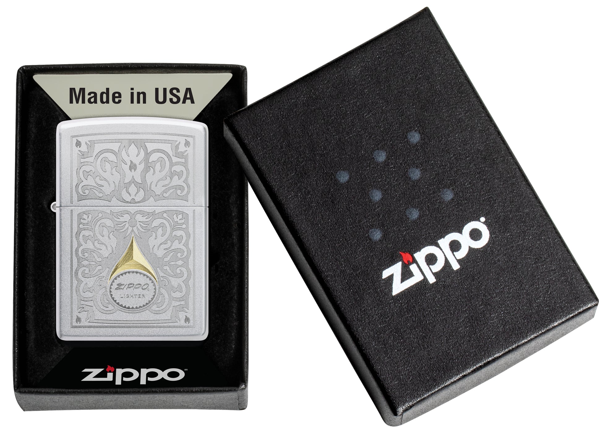 Zippo Vintage Filigree Design Satin Chrome Windproof Lighter in its packaging.