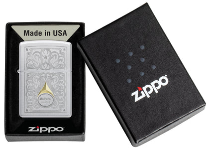 Zippo Vintage Filigree Design Satin Chrome Windproof Lighter in its packaging.