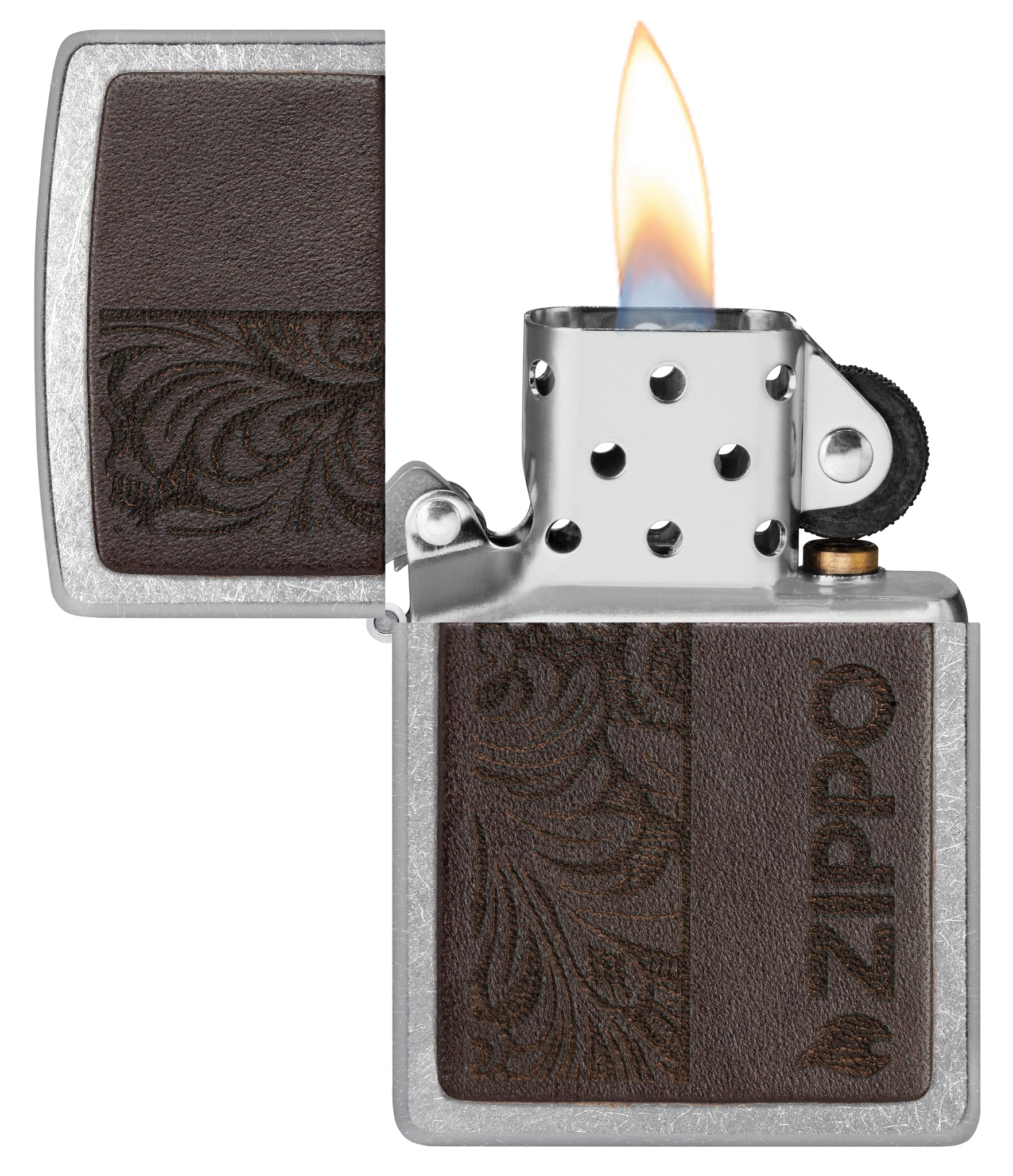 Zippo Brown Leather Emblem - Zippo Design Street Chrome Windproof Lighter with its lid open and lit.