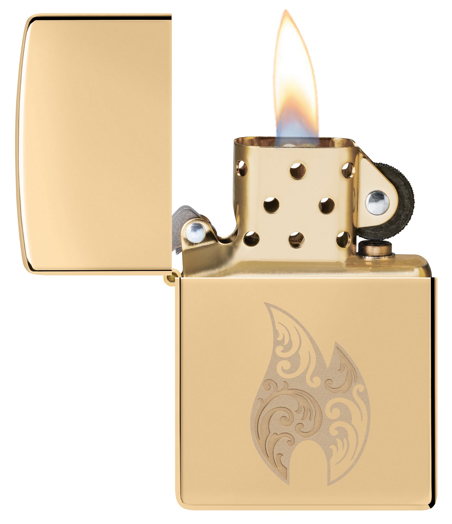 Zippo Filigree Flame Design High Polish Brass Windproof Lighter with its lid open and lit.