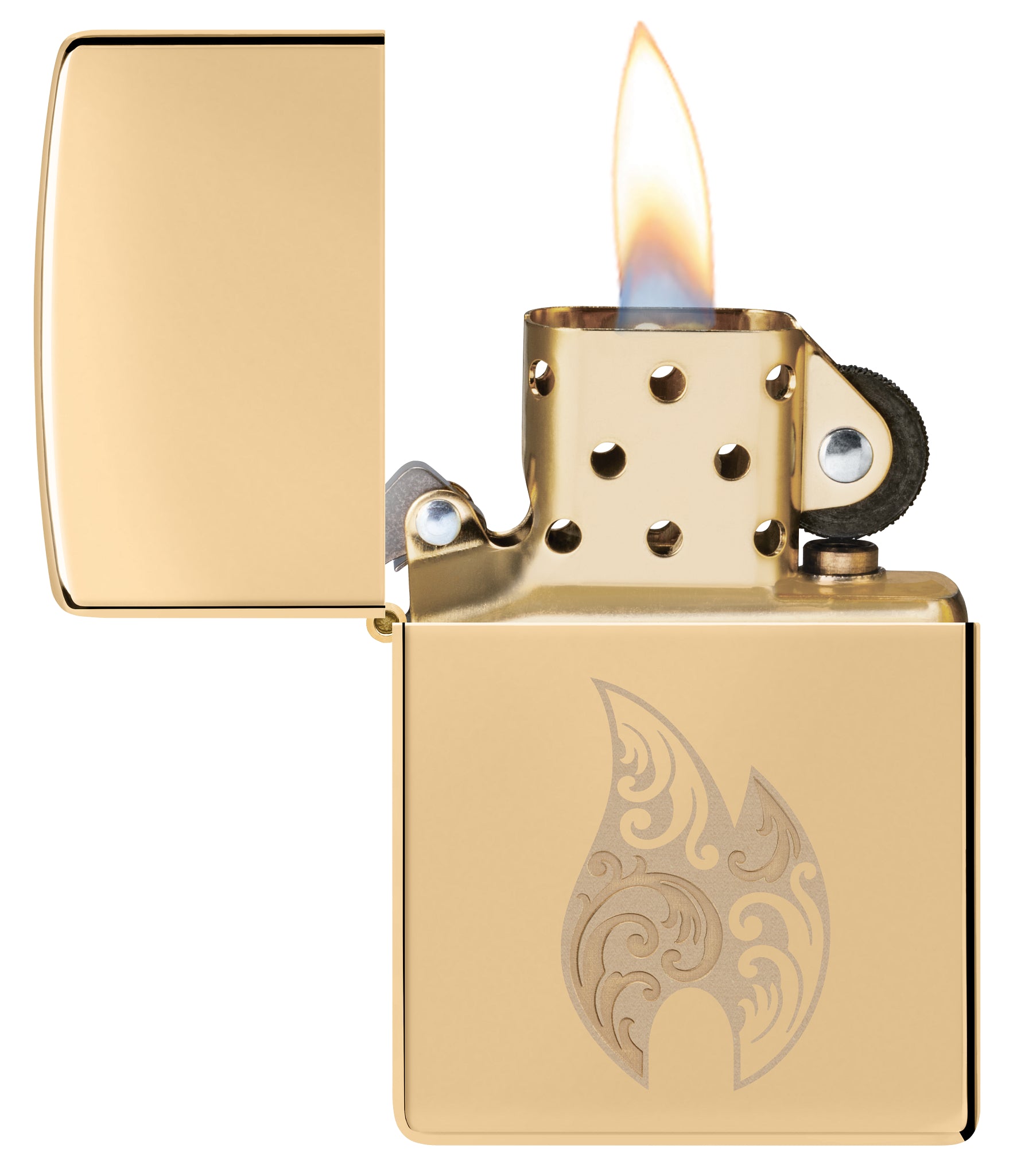 Zippo Filigree Flame Design High Polish Brass Windproof Lighter with its lid open and lit.