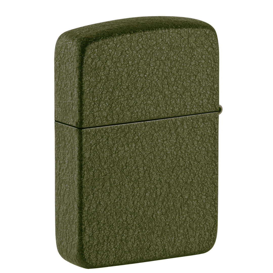 Back view of Zippo 2026 Founder’s Day Commemorative Green Crackle Windproof Lighter standing at a 3/4 angle.