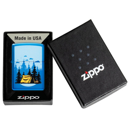 Zippo Forest Flicker Design High Polish Blue Windproof Lighter in its packaging.