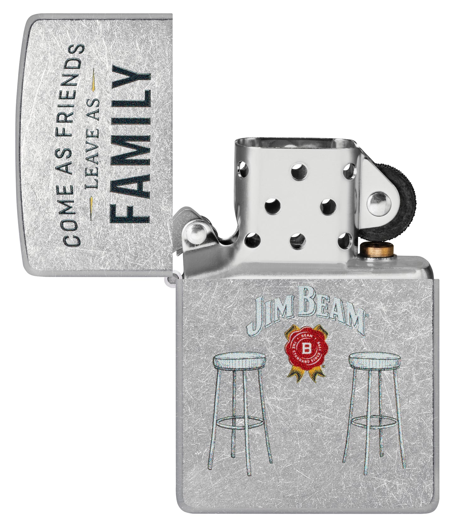 Zippo Jim Beam® Barstools Street Chrome Windproof Lighter  with its lid open and unlit.