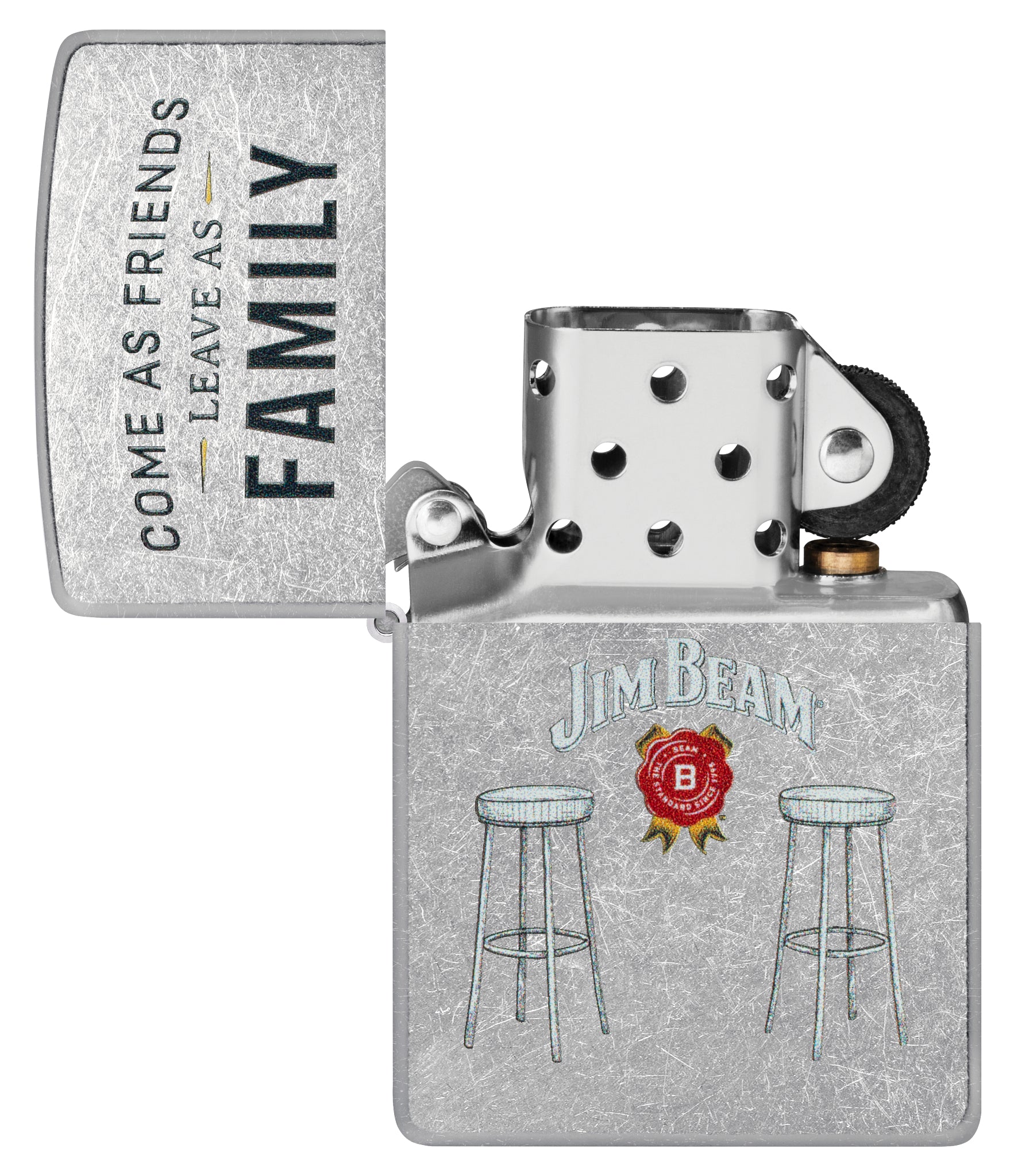 Zippo Jim Beam® Barstools Street Chrome Windproof Lighter  with its lid open and unlit.