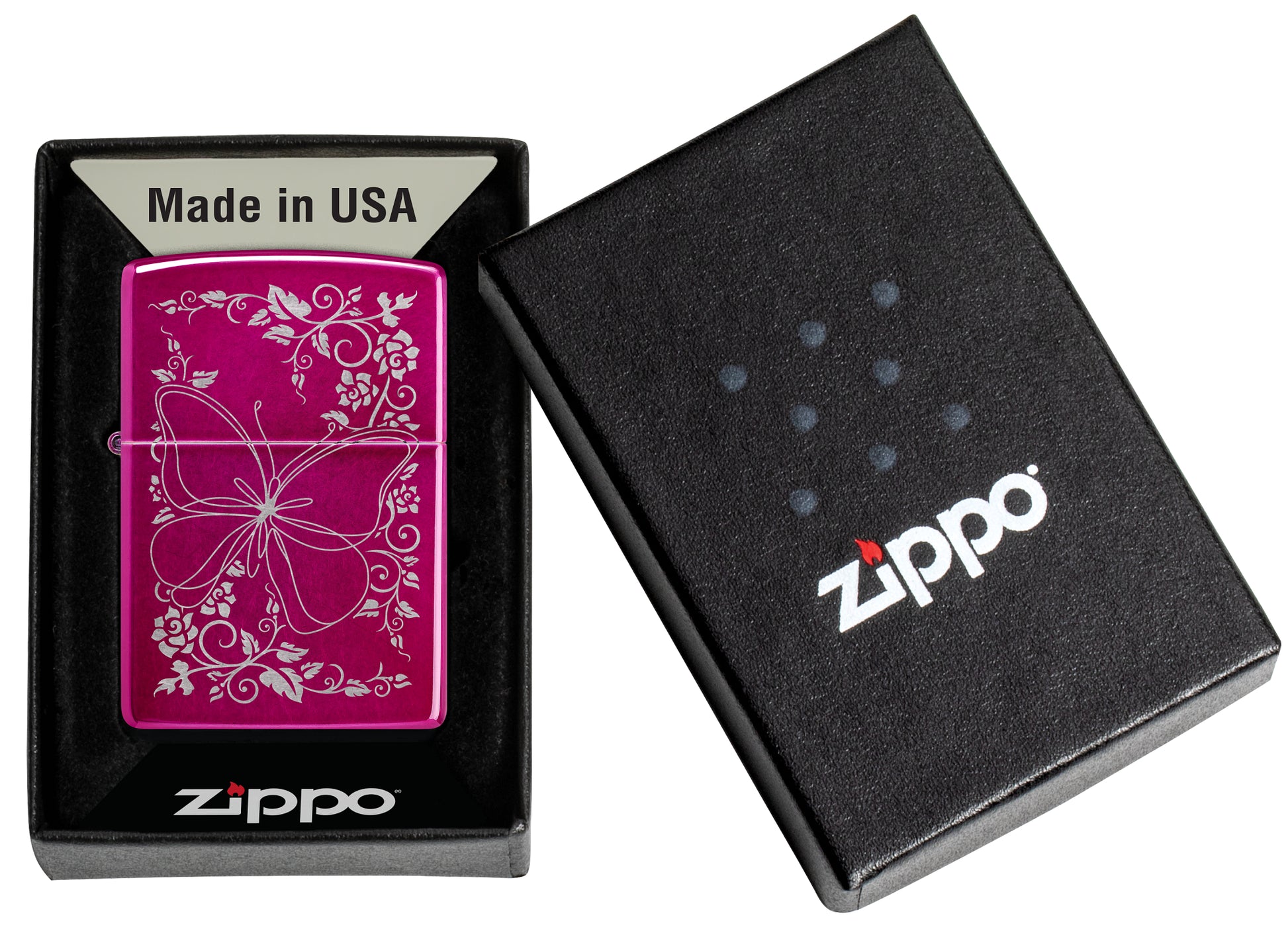 Zippo Butterfly Bliss Design Candy Raspberry Windproof Lighter in its packaging.