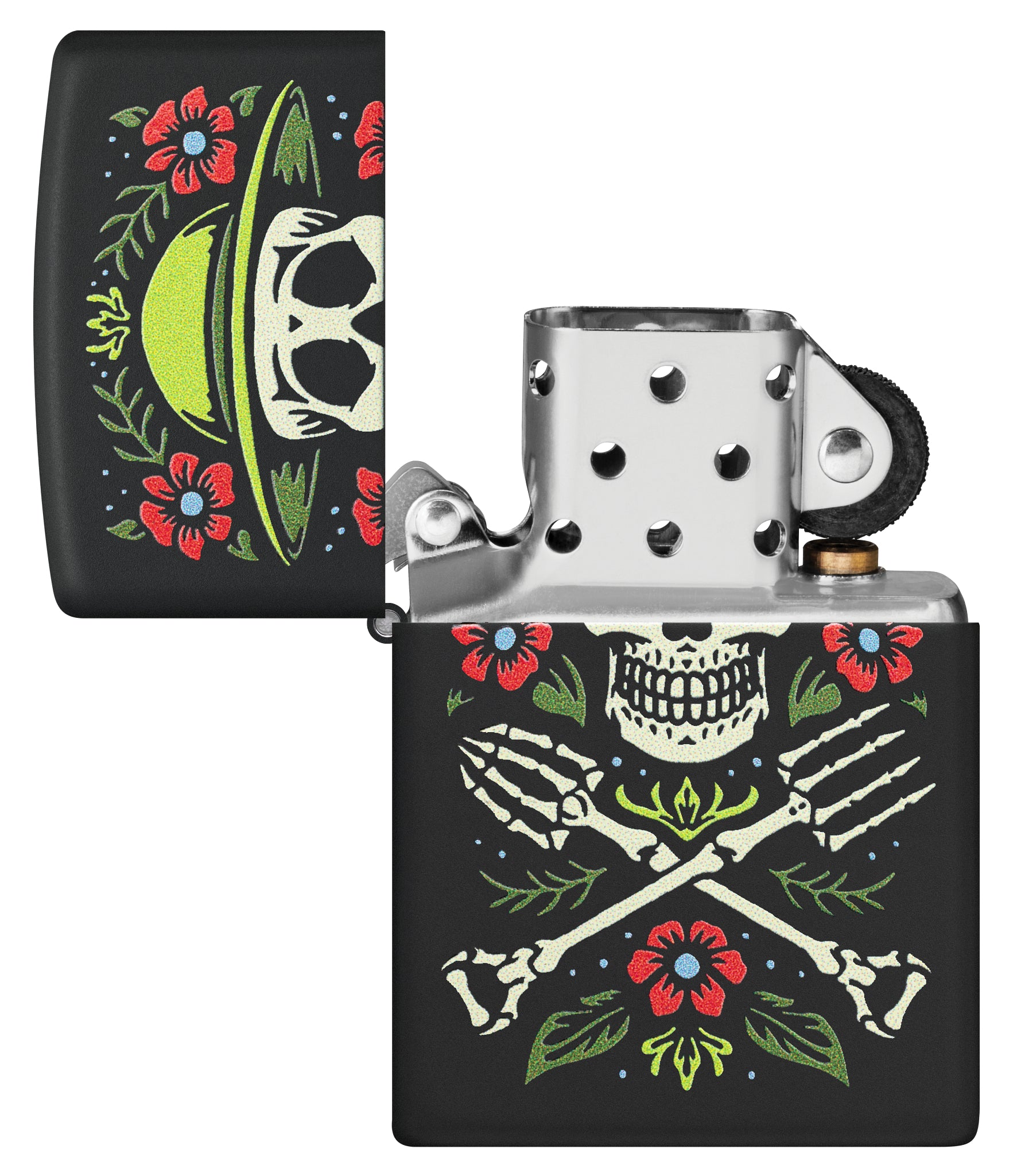 Zippo Garden for Life Design Black Matte Windproof Lighter with its lid open and unlit.