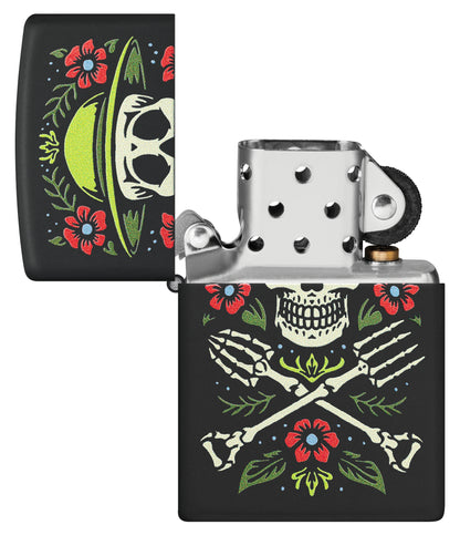 Zippo Garden for Life Design Black Matte Windproof Lighter with its lid open and unlit.