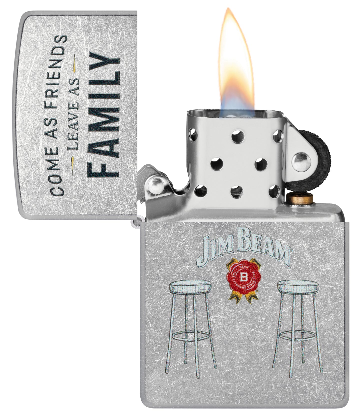 Zippo Jim Beam® Barstools Street Chrome Windproof Lighter  with its lid open and lit.