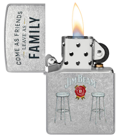 Zippo Jim Beam® Barstools Street Chrome Windproof Lighter  with its lid open and lit.