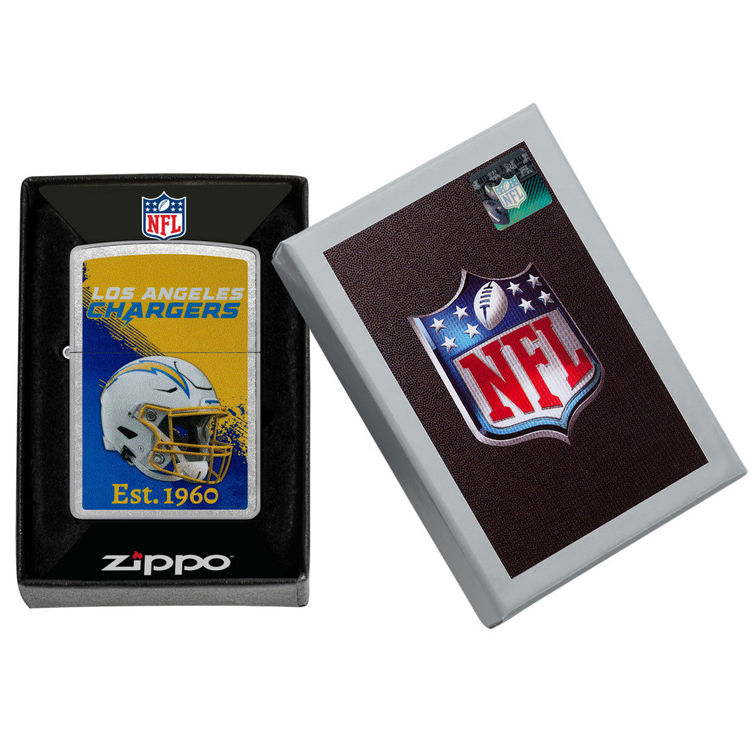 Zippo NFL Los Angeles Chargers Helmet Design Street Chrome Windproof Lighter in its packaging.