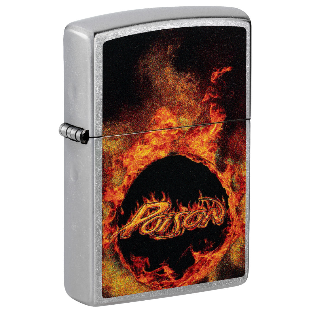 Front shot of Zippo Poison Flame Design Street Chrome Windproof Lighter standing at a 3/4 angle.