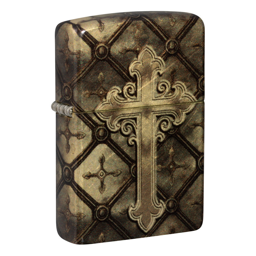 Front shot of Zippo Gilded Cross Design 540 Tumbled Brass Windproof Lighter standing at a 3/4 angle.