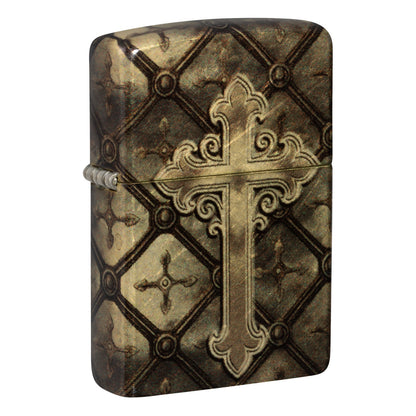 Front shot of Zippo Gilded Cross Design 540 Tumbled Brass Windproof Lighter standing at a 3/4 angle.