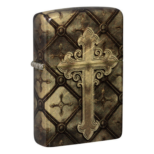 Front shot of Zippo Gilded Cross Design 540 Tumbled Brass Windproof Lighter standing at a 3/4 angle.