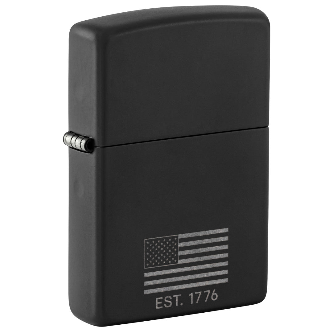 Front shot of Zippo Because of the Brave Design Black Matte with Chrome Windproof Lighter standing at a 3/4 angle.