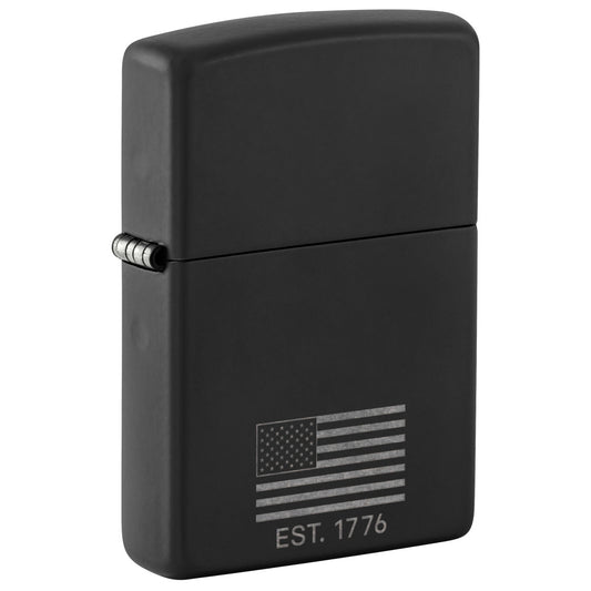 Front shot of Zippo Because of the Brave Design Black Matte with Chrome Windproof Lighter standing at a 3/4 angle.