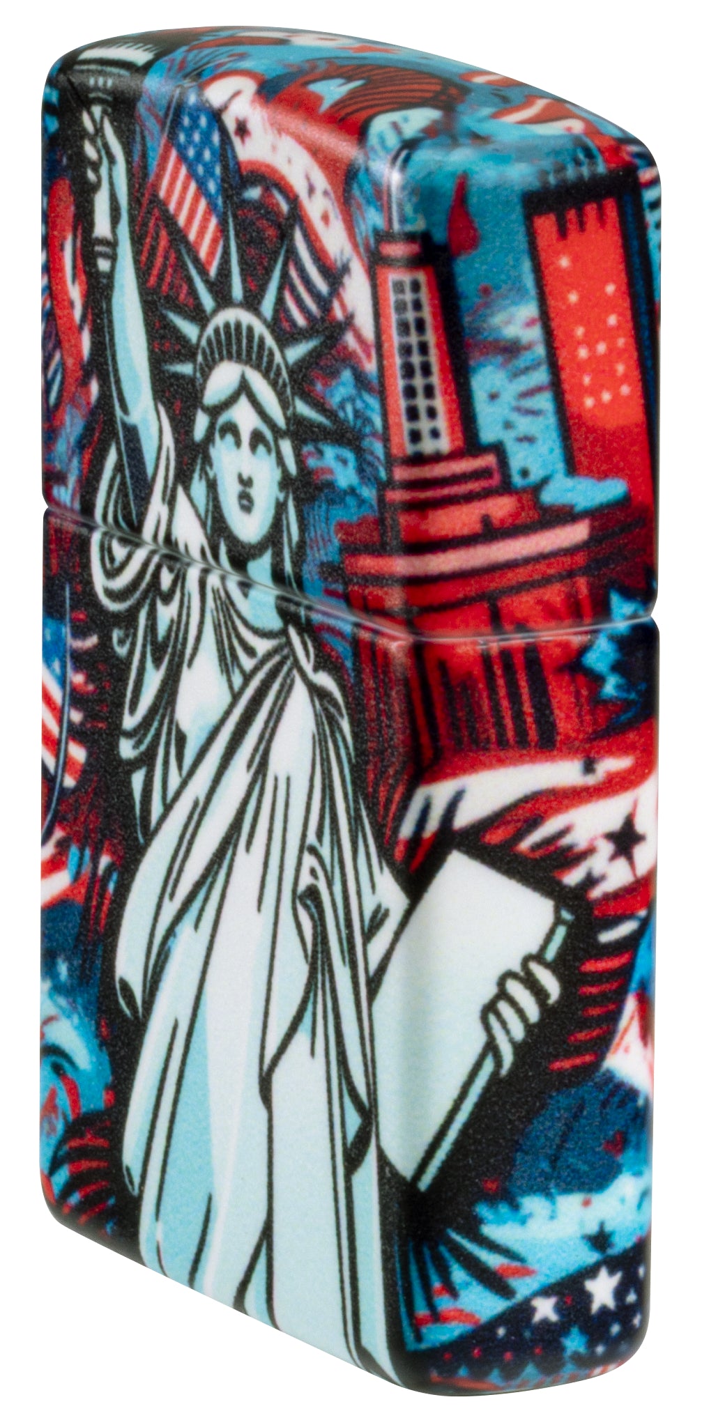 Angled shot of  Zippo Lady Liberty Design 540 Matte Windproof Lighter showing the front and non-hinge side of the lighter.