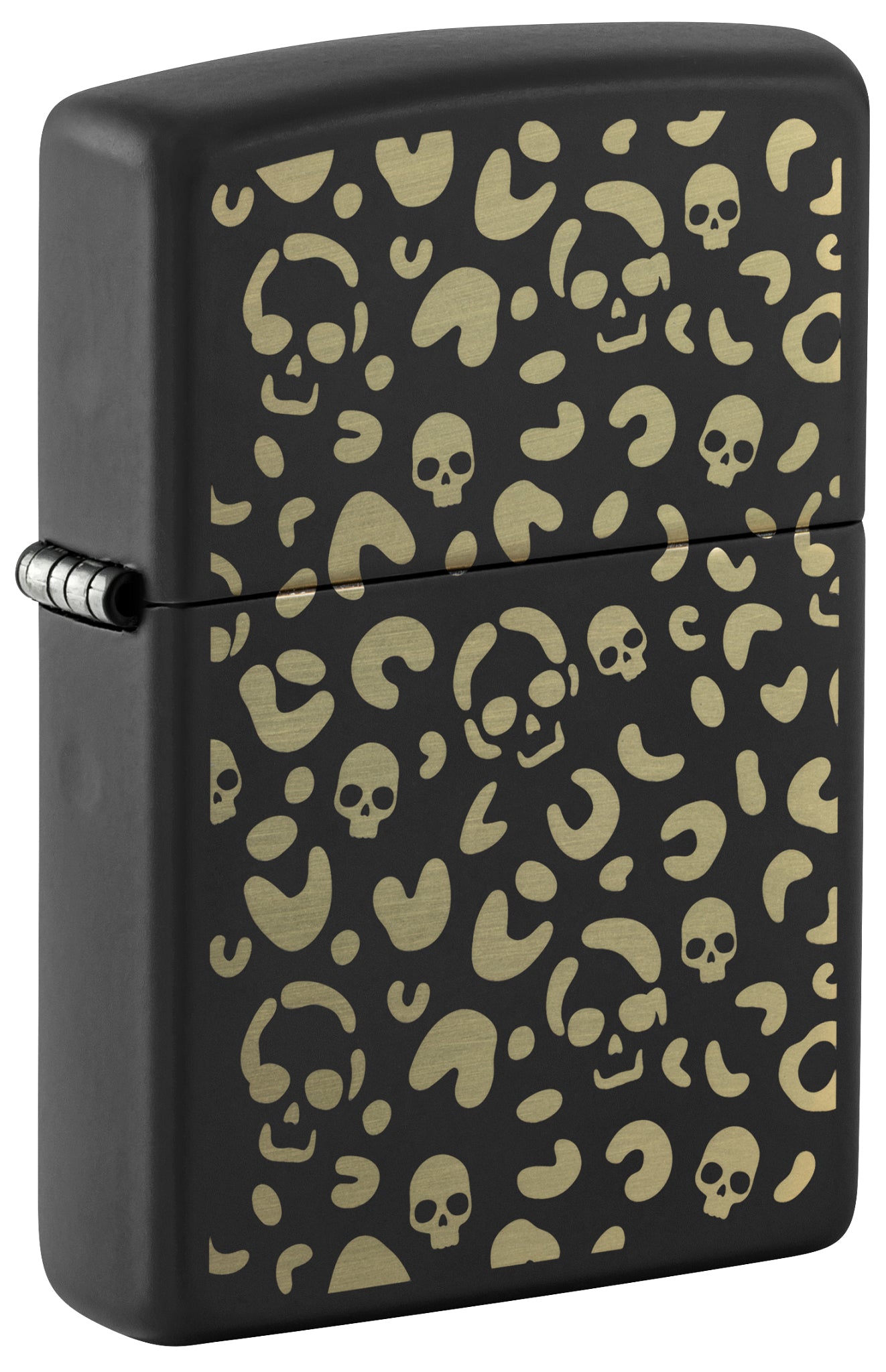 Front shot of Zippo Leopard Skulls Design Black Matte Windproof Lighter standing at a 3/4 angle.
