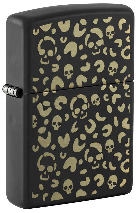 Front shot of Zippo Leopard Skulls Design Black Matte Windproof Lighter standing at a 3/4 angle.