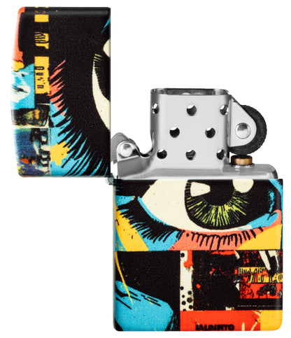 Zippo Eye See You Design 540 Matte Windproof Lighter with its lid open and unlit.