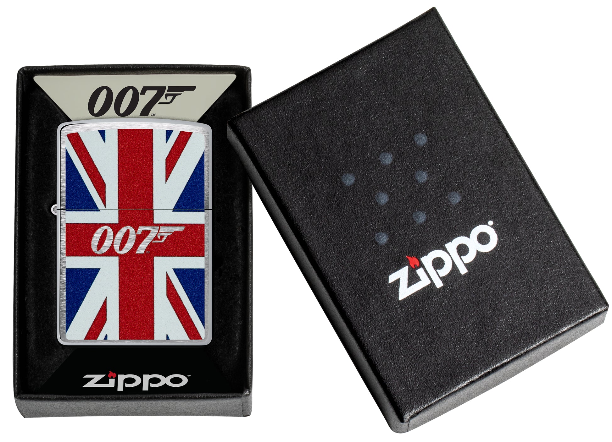 Zippo James Bond® Union Jack Brushed Chrome Windproof Lighter in its packaging.