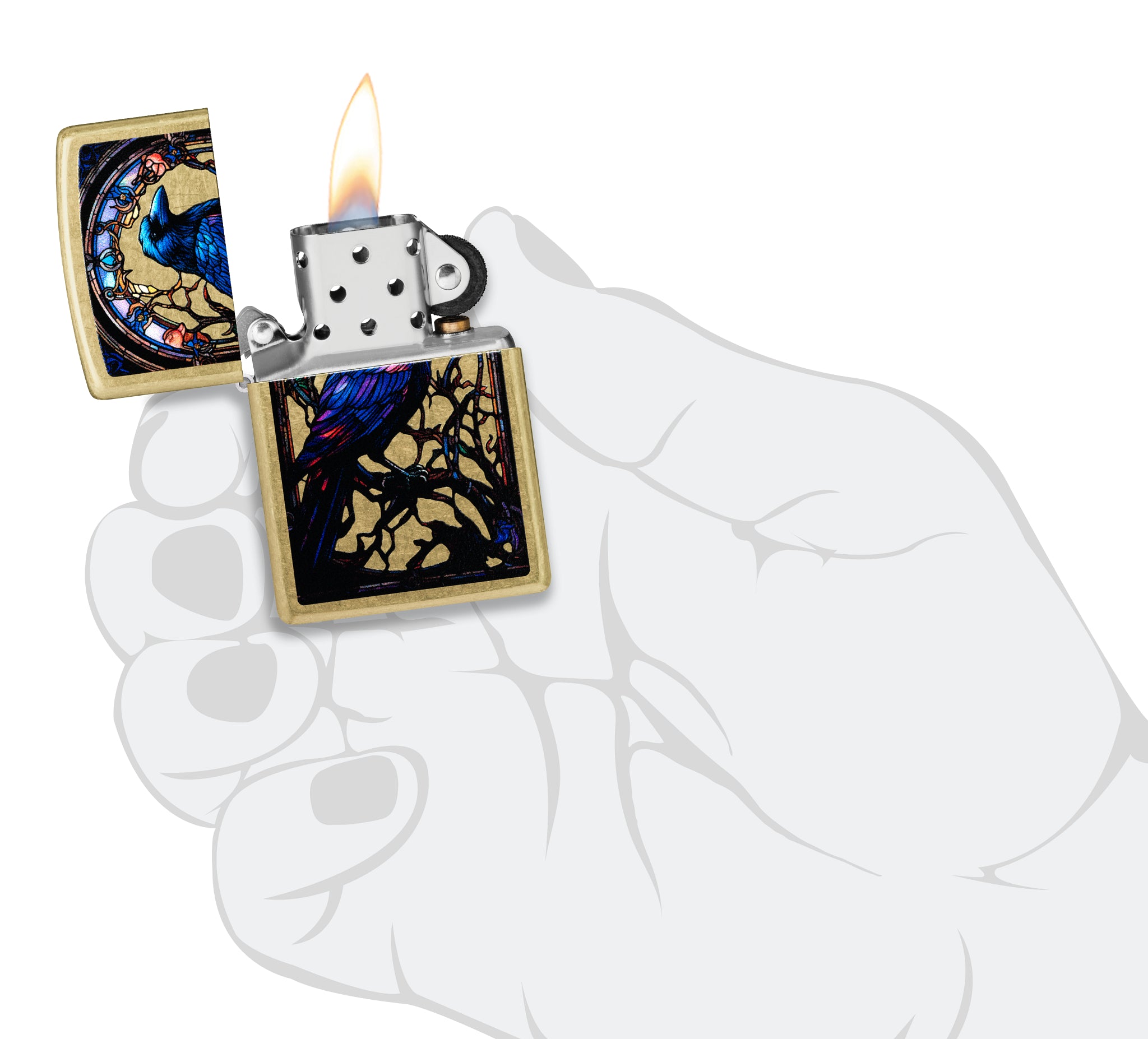 ❁Ma❁ Zippo Stained Glass Raven Design Street Brass Windproof Lighter