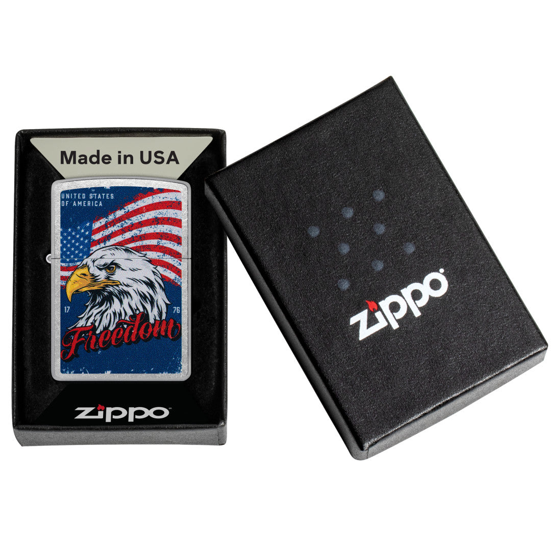Zippo Freedom Eagle Design Street Chrome Windproof Lighter in its packaging.