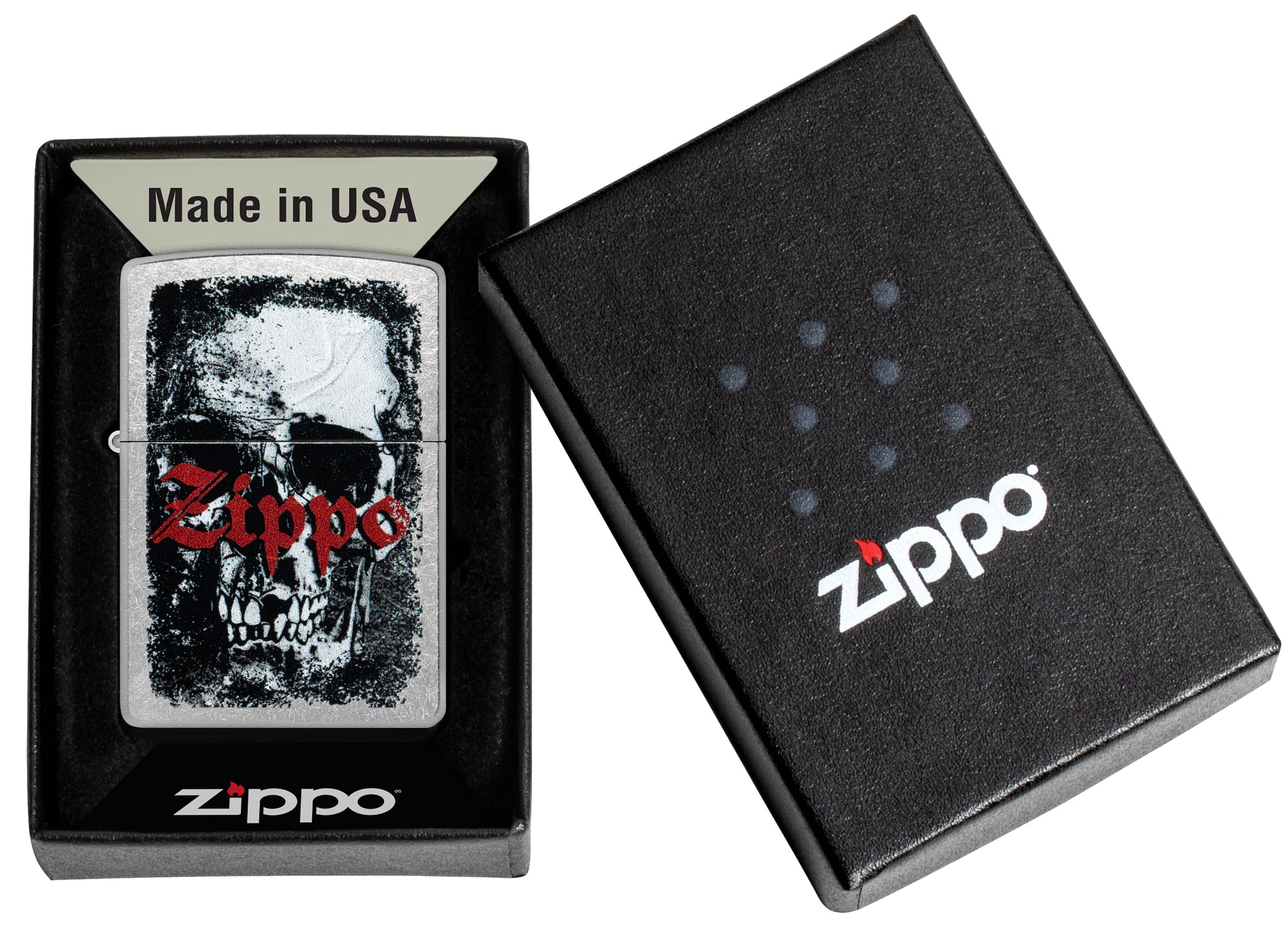 Zippo Skull Design Street Chrome Windproof Lighter in its packaging.