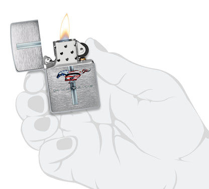 Zippo Ford Mustang Design Brushed Chrome Windproof Lighter lit in hand.