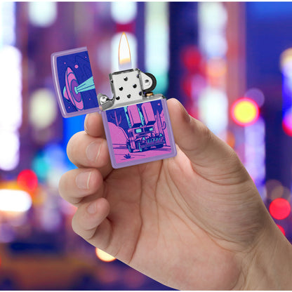 Zippo Car Chase Design Smoky Lavender Windproof Lighter lit in hand.
