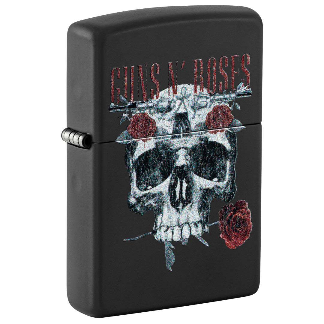 Front shot of Zippo Guns N' Roses Flower Skull Design Black Matte Windproof Lighter standing at a 3/4 angle.